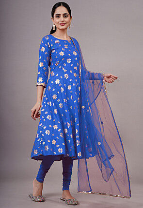 Foil Printed Cotton A Line Suit in Blue