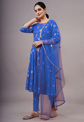 Foil Printed Cotton A Line Suit in Blue