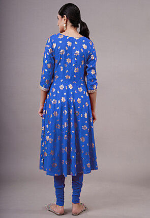 Foil Printed Cotton A Line Suit in Blue