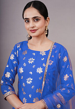 Foil Printed Cotton A Line Suit in Blue