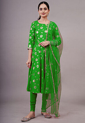 Foil Printed Cotton A Line Suit in Green