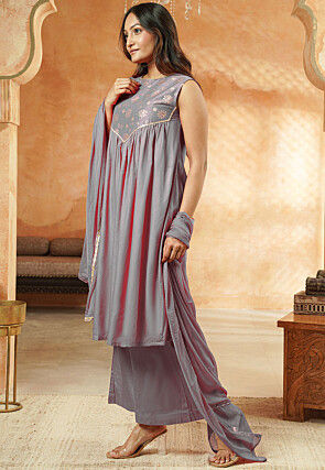 Foil Printed Cotton  A Line Suit in Grey