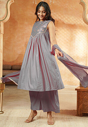 Foil Printed Cotton  A Line Suit in Grey