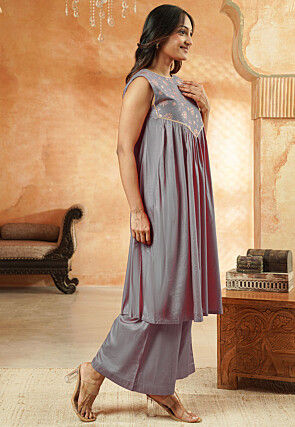 Foil Printed Cotton  A Line Suit in Grey