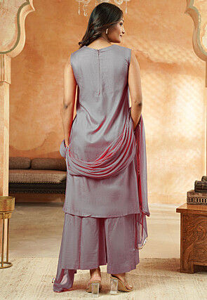 Foil Printed Cotton  A Line Suit in Grey