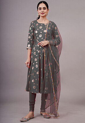 Foil Printed Cotton A Line Suit in Grey