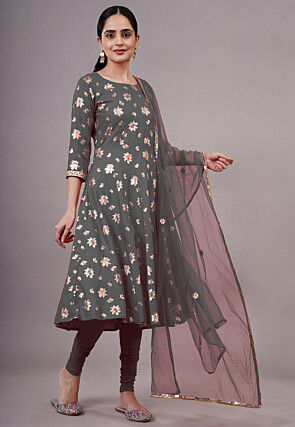 Foil Printed Cotton A Line Suit in Grey