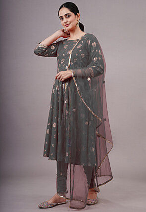Foil Printed Cotton A Line Suit in Grey