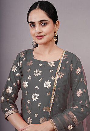 Foil Printed Cotton A Line Suit in Grey