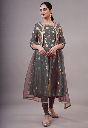 Foil Printed Cotton A Line Suit in Grey