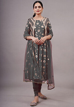 Foil Printed Cotton A Line Suit in Grey