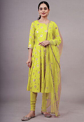 Foil Printed Cotton A Line Suit in Light Green