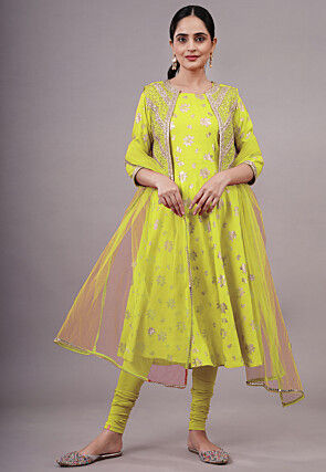 Foil Printed Cotton A Line Suit in Light Green