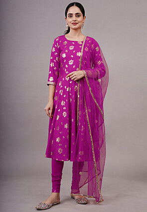 Foil Printed Cotton A Line Suit in Magenta