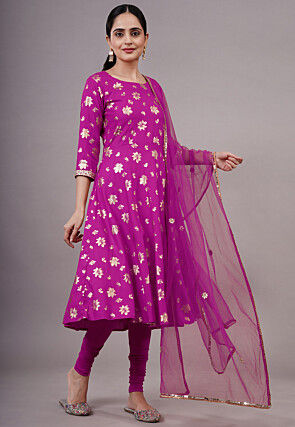 Foil Printed Cotton A Line Suit in Magenta