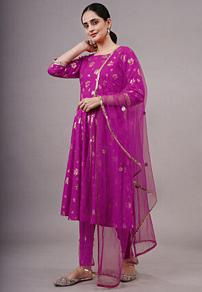 Foil Printed Cotton A Line Suit in Magenta