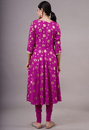 Foil Printed Cotton A Line Suit in Magenta