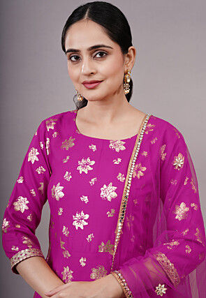 Foil Printed Cotton A Line Suit in Magenta