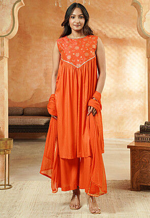 Foil Printed Cotton A Line Suit in Orange