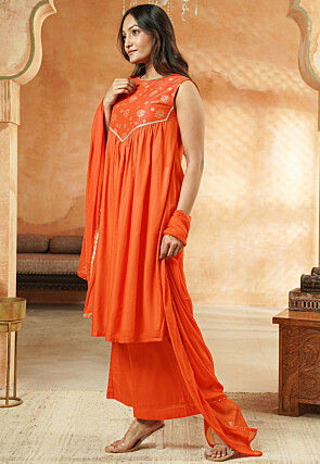 Foil Printed Cotton A Line Suit in Orange