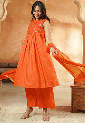 Foil Printed Cotton A Line Suit in Orange