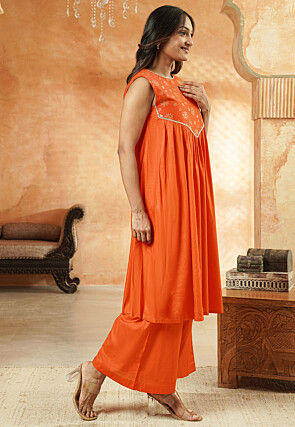 Foil Printed Cotton A Line Suit in Orange