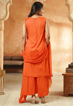 Foil Printed Cotton A Line Suit in Orange