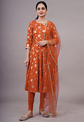 Foil Printed Cotton A Line Suit in Orange
