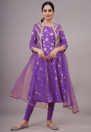 Foil Printed Cotton A Line Suit in Purple