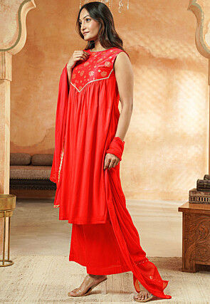 Foil Printed Cotton A Line Suit in Red