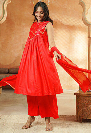 Foil Printed Cotton A Line Suit in Red