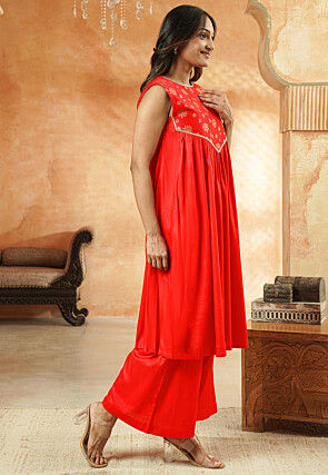 Foil Printed Cotton A Line Suit in Red