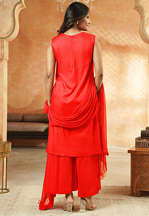 Foil Printed Cotton A Line Suit in Red