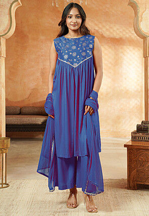 Foil Printed Cotton A Line Suit in Royal Blue