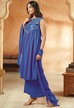 Foil Printed Cotton A Line Suit in Royal Blue