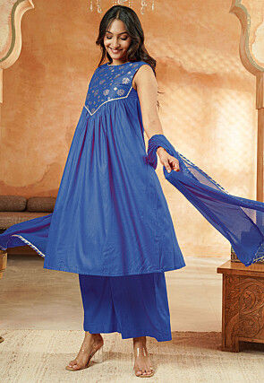 Foil Printed Cotton A Line Suit in Royal Blue