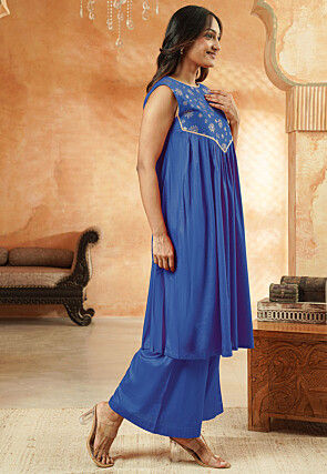 Foil Printed Cotton A Line Suit in Royal Blue