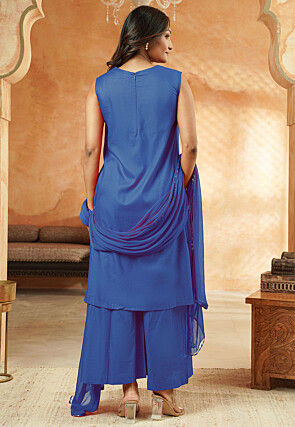 Foil Printed Cotton A Line Suit in Royal Blue