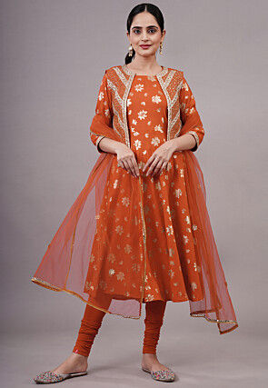 Foil Printed Cotton A Line Suit in Rust