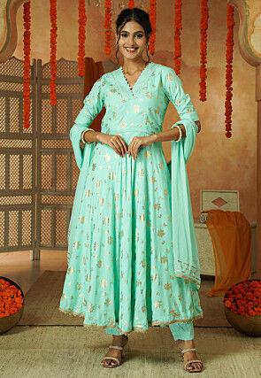 Foil Printed Cotton A Line Suit in Sky Blue