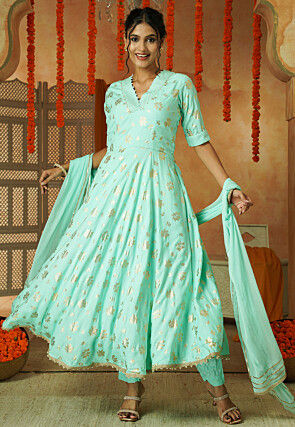 Foil Printed Cotton A Line Suit in Sky Blue