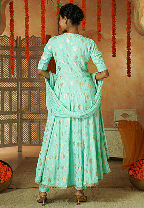 Foil Printed Cotton A Line Suit in Sky Blue