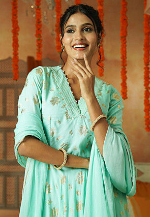 Foil Printed Cotton A Line Suit in Sky Blue
