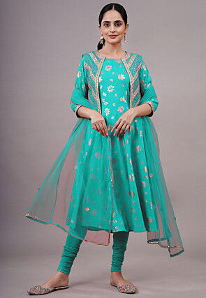 Foil Printed Cotton A Line Suit in Sky Blue