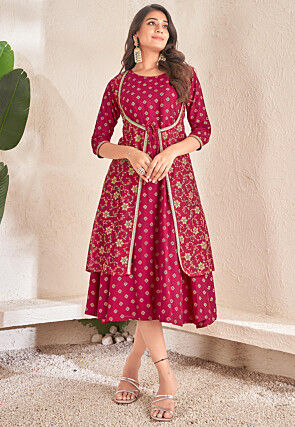 Indian Women Red Pure Cotton A-Line High Slit Kurta With Churidar Leggings