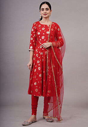 Foil Printed Cotton Aline Suit in Red