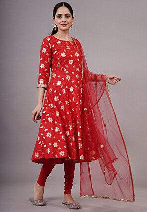 Foil Printed Cotton Aline Suit in Red