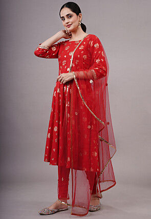 Foil Printed Cotton Aline Suit in Red
