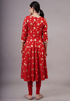 Foil Printed Cotton Aline Suit in Red