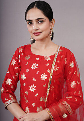 Foil Printed Cotton Aline Suit in Red